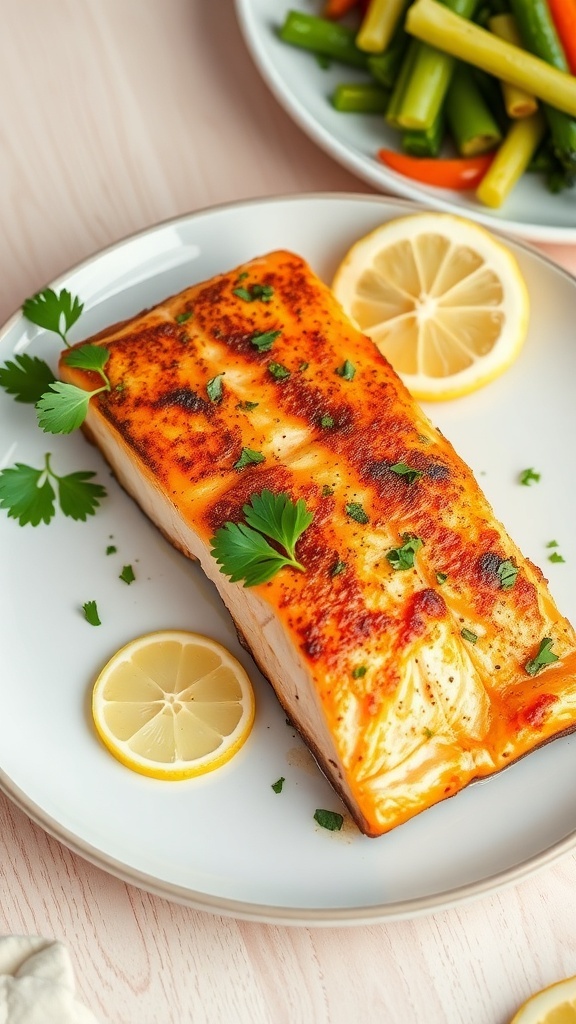 Healthy Air Fryer Baked Salmon Recipe Air fryer baked salmon fillet garnished with parsley and lemon, served with vegetables.